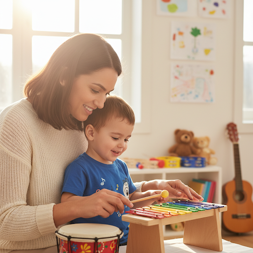 A heartwarming, high-quality photograph of a professional music therapy session. A therapist is gently guiding a young child's hands as they play a colorful xylophone or a small drum. The lighting is soft and natural, emphasizing a sense of calm, connection, and healing through music. Authentic, candid feel.